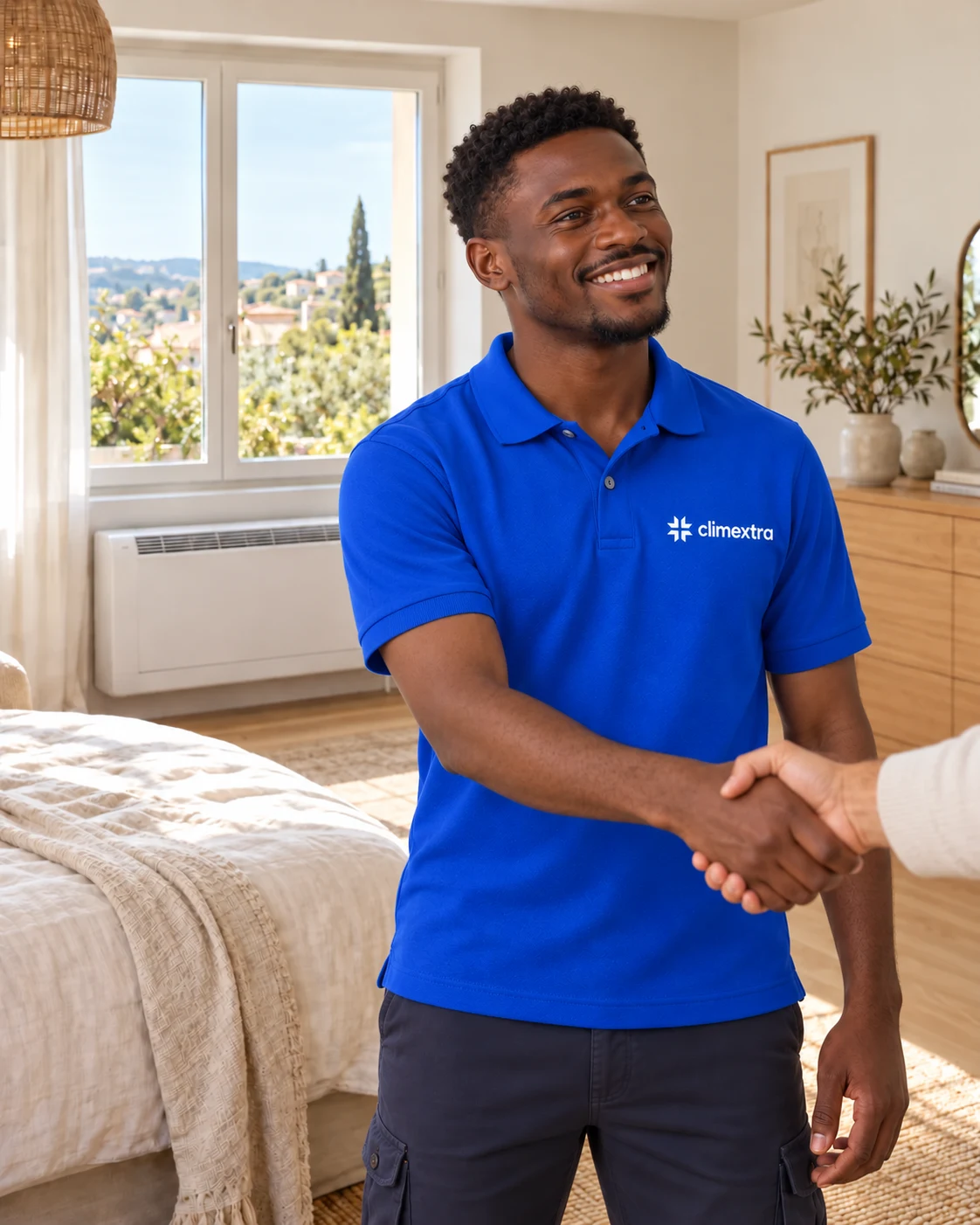 Installateur ClimExtra souriant en conversation et serrant la main d’un client hors champ, dans une chambre avec un monobloc sous la fenêtre