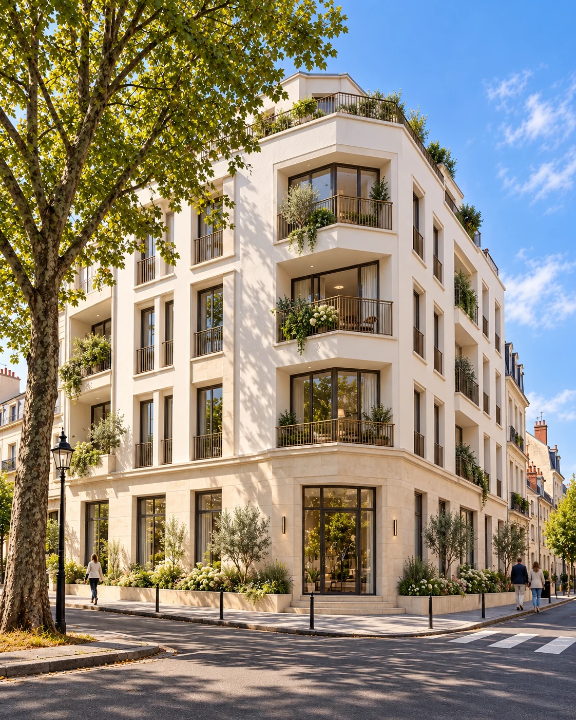 Immeuble résidentiel clair avec un angle biseauté, des balcons et un dernier étage en retrait